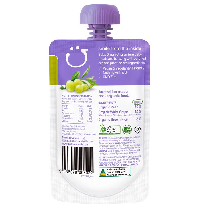 Bubs 有機梨和白葡萄 4 個月+ 120g