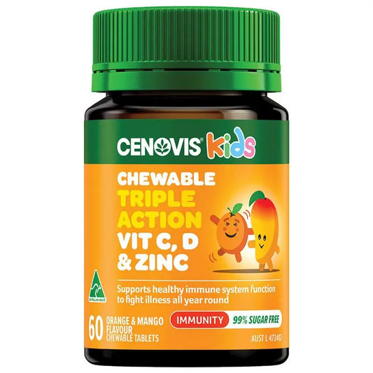 Cenovis 兒童無糖維生素咀嚼片，三重功效，C D 和鋅，60 顆