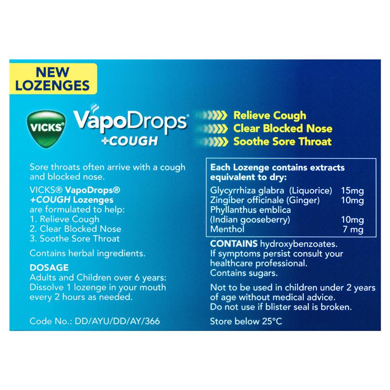 Vicks VapoDrops + 蜂蜜檸檬薄荷 16 顆含片(緩解咳嗽舒緩喉嚨痛)