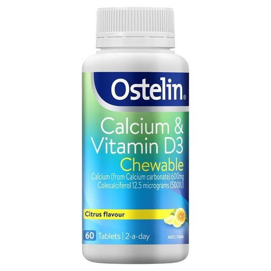 Ostelin 鈣和維生素 D 咀嚼片 - D3 用於骨骼健康 + 免疫支持 - 60 顆